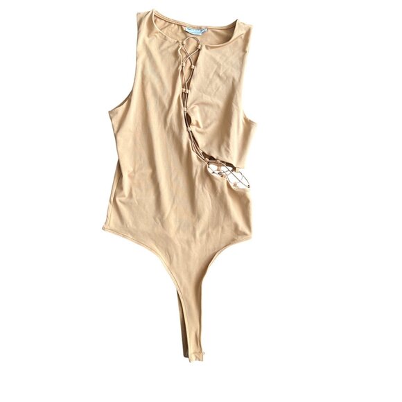 Asos Design Tan Lace-Up Cutout Bodysuit Size M/L Made In Bulgaria - Picture 2 of 7